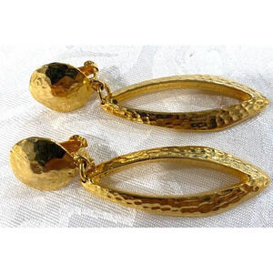 Hammered Gold long clip on earrings, Not Flimsy, good quality